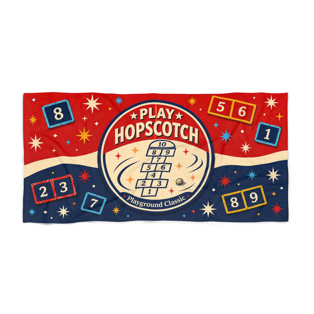 Play Hopscotch Beach Towel — Retro Chalk Number Squares, Red Navy Cream