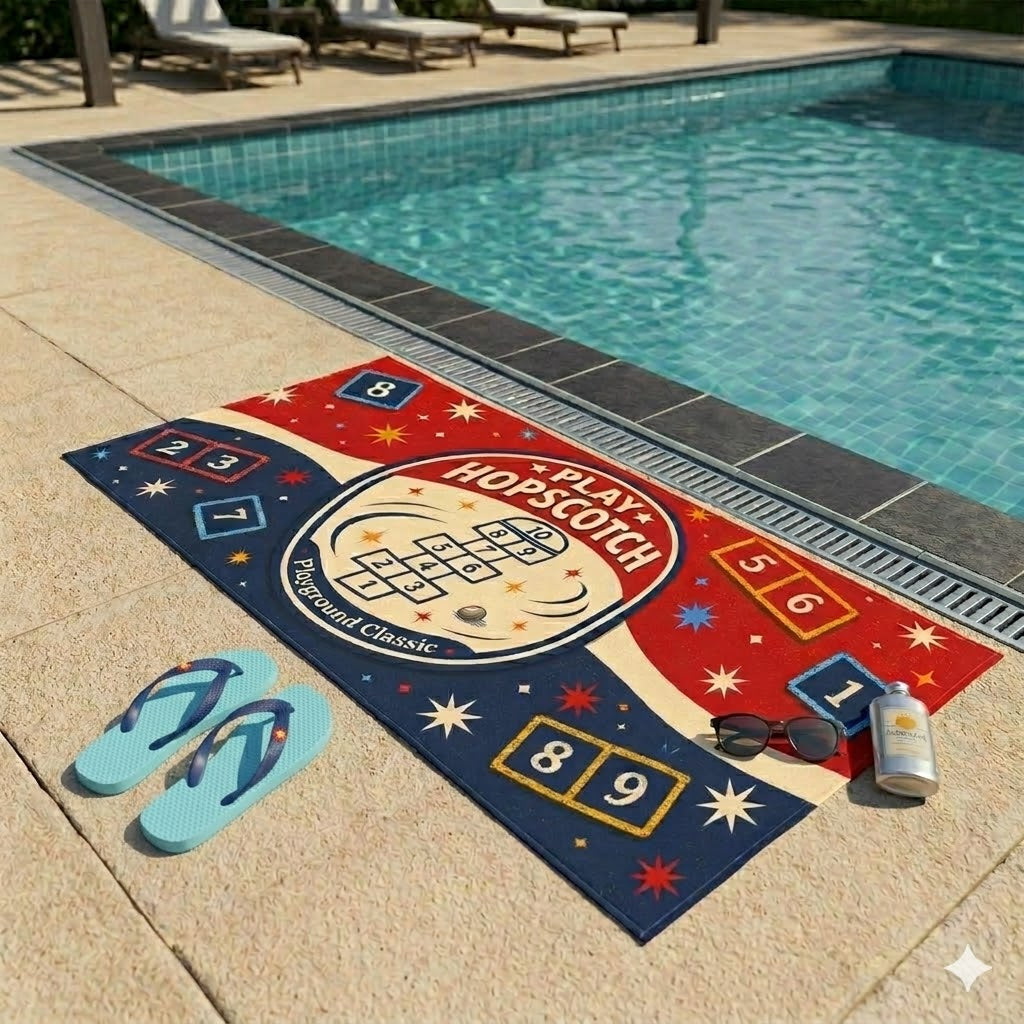 Play Hopscotch Beach Towel — Retro Chalk Number Squares, Red Navy Cream