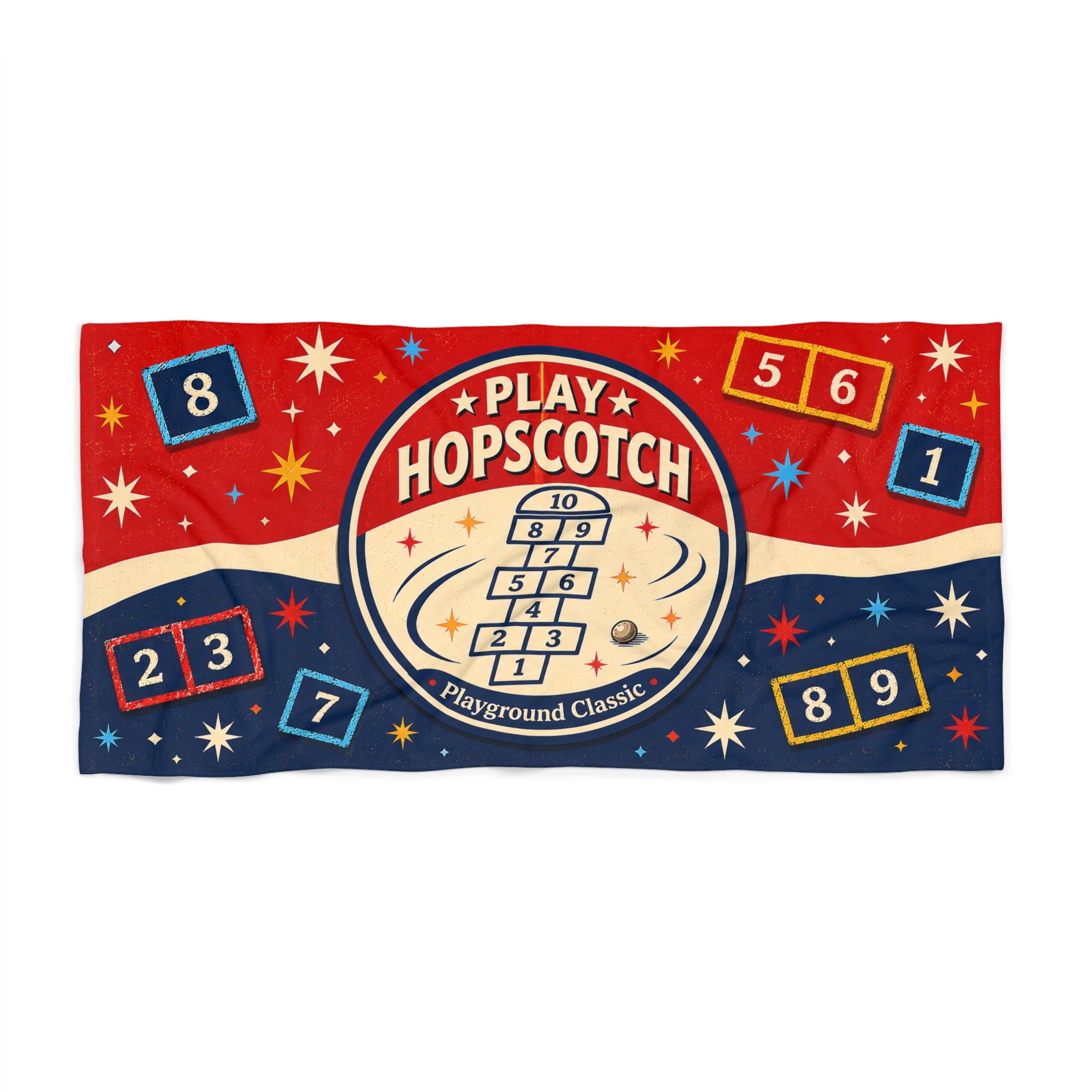 Play Hopscotch Beach Towel — Retro Chalk Number Squares, Red Navy Cream